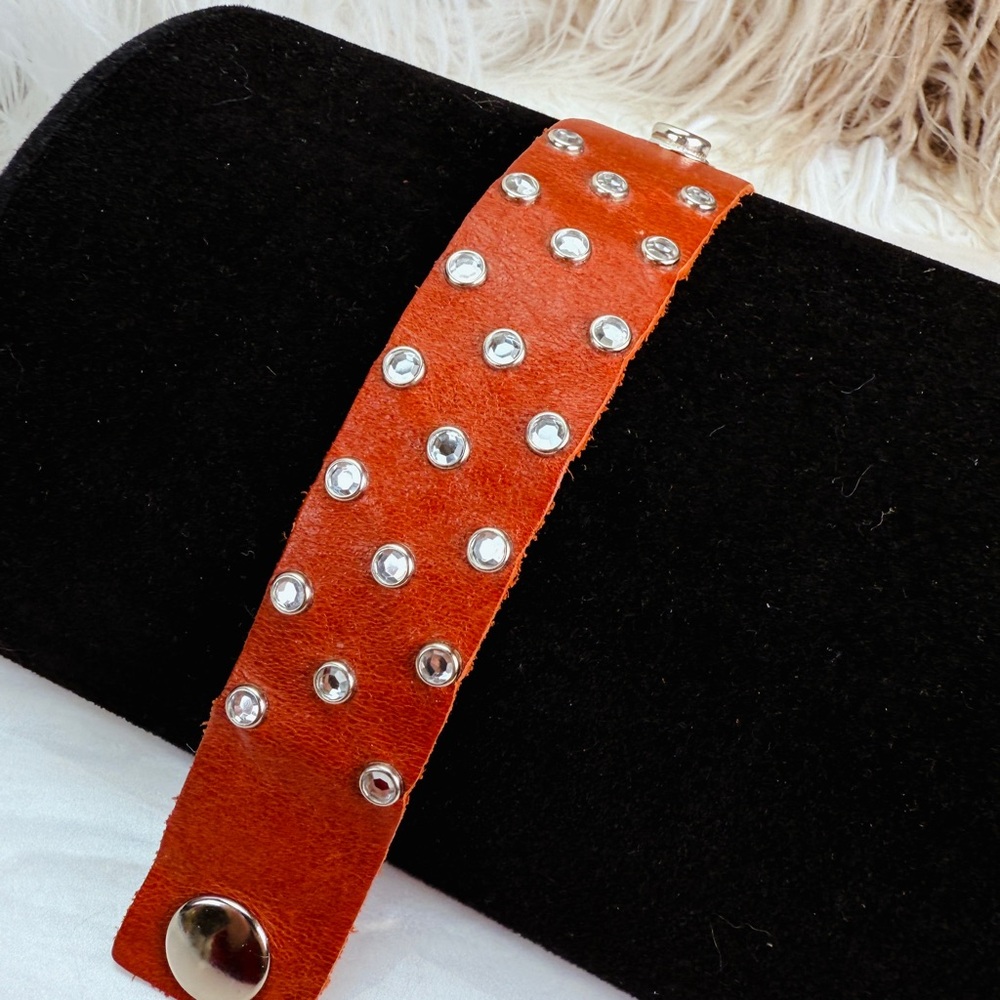 Vintage Burnt Orange Leather Adjustable Bracelet with Silvertone Crystal Studs